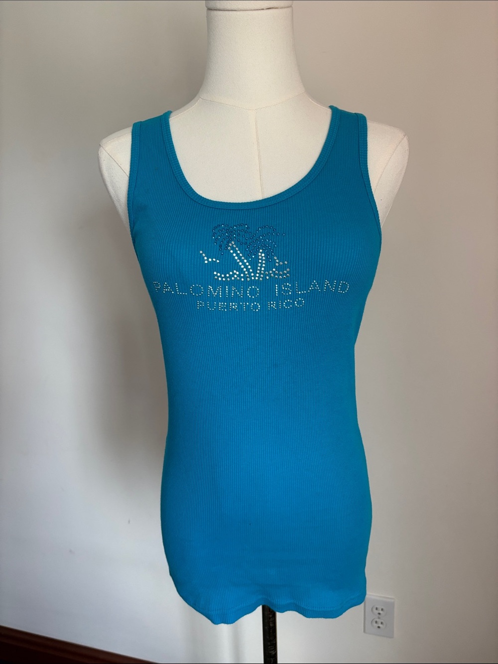 Alstyle Teal Blue Ribbed Tank Top with Rhinestone Palomino Island Design